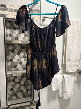 Black & Gold Off-Shoulder Romper Jumpsuit